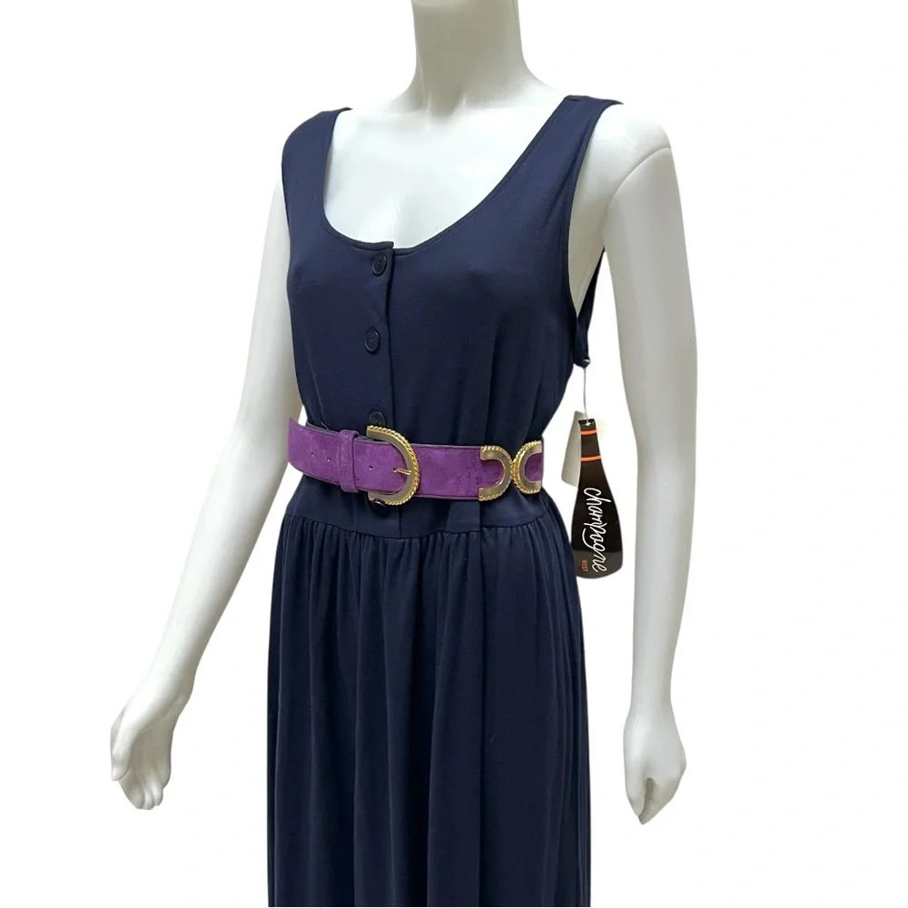 Vtg CHAMPAGNE Maxi Dress Drop-Waist Navy Minimalist Lagenlook NWT 90's‎ X-large
